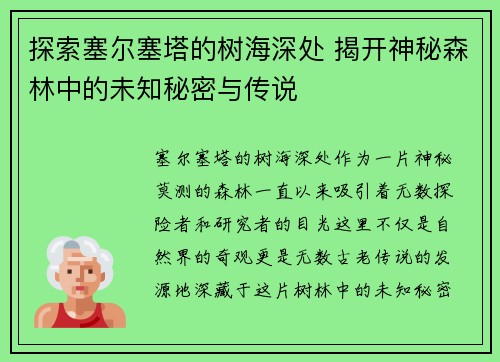 探索塞尔塞塔的树海深处 揭开神秘森林中的未知秘密与传说